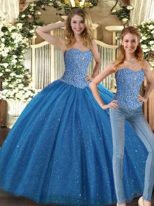 Teal Lace Up Quinceanera Gown Beading Sleeveless Floor Length