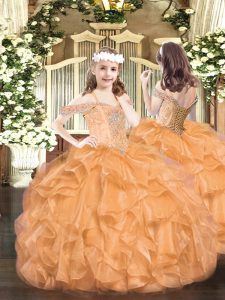 Glorious Orange Off The Shoulder Lace Up Beading and Ruffles Kids Formal Wear Sleeveless
