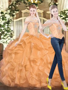 Orange Red Off The Shoulder Neckline Beading and Ruffles 15th Birthday Dress Sleeveless Lace Up