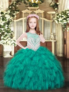 Adorable Beading and Ruffles Pageant Dress for Girls Turquoise Zipper Sleeveless Floor Length