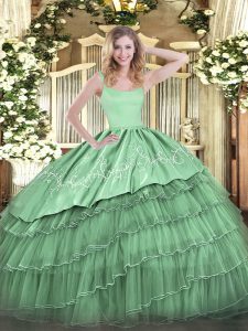 Green Organza Zipper Straps Sleeveless Floor Length Quince Ball Gowns Embroidery and Ruffled Layers