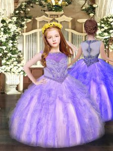 Floor Length Zipper Glitz Pageant Dress Lavender for Party and Quinceanera with Beading and Ruffles