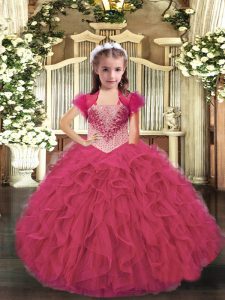 Hot Pink Sleeveless Organza Lace Up Little Girls Pageant Gowns for Party and Sweet 16 and Quinceanera