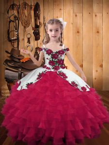 Organza Off The Shoulder Sleeveless Lace Up Embroidery and Ruffled Layers Little Girls Pageant Dress in Red