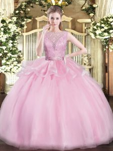 Comfortable Baby Pink Organza Backless Scoop Sleeveless Floor Length Quince Ball Gowns Lace