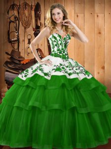 Sweet Sleeveless Organza Sweep Train Lace Up Vestidos de Quinceanera in Dark Green with Embroidery