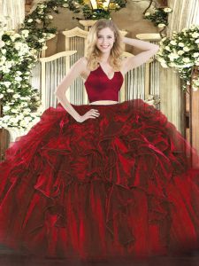 Wine Red Sleeveless Ruffles Floor Length Quinceanera Gowns