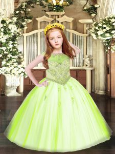 Unique Yellow Green Ball Gowns Tulle Scoop Sleeveless Beading and Appliques Floor Length Zipper Little Girls Pageant Gow