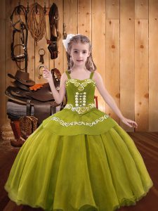 Exquisite Floor Length Olive Green Little Girls Pageant Dress Wholesale Organza Sleeveless Embroidery and Ruffles