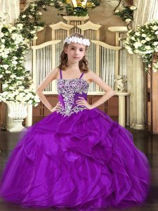 Super Purple Ball Gowns Organza Straps Sleeveless Appliques and Ruffles Floor Length Lace Up High School Pageant Dress