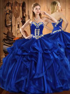 Sleeveless Organza Floor Length Lace Up Quinceanera Gowns in Royal Blue with Embroidery and Ruffles