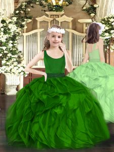 Floor Length Dark Green Little Girl Pageant Dress Organza Sleeveless Beading and Ruffles