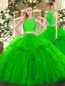 Green Two Pieces Ruffles Sweet 16 Dresses Zipper Tulle Sleeveless Floor Length