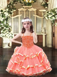 Watermelon Red Sleeveless Organza Lace Up Little Girls Pageant Dress for Party and Quinceanera