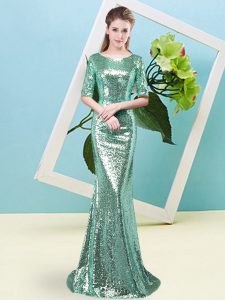Turquoise Mermaid Sequined Scoop Half Sleeves Sequins Floor Length Zipper Prom Dresses