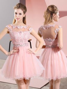 Delicate Baby Pink Tulle Side Zipper Scoop Sleeveless Knee Length Quinceanera Court of Honor Dress Beading and Lace