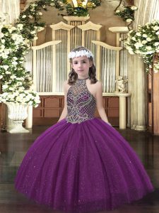 Dark Purple Lace Up Halter Top Beading Pageant Dress Toddler Tulle Sleeveless