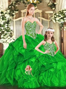 Modern Green Organza Lace Up Sweetheart Sleeveless Floor Length Sweet 16 Quinceanera Dress Beading and Ruffles