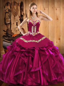 Beautiful Fuchsia Sweetheart Neckline Embroidery and Ruffles 15 Quinceanera Dress Sleeveless Lace Up