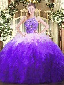 Fashionable Halter Top Sleeveless Tulle Quinceanera Dress Beading and Ruffles Zipper