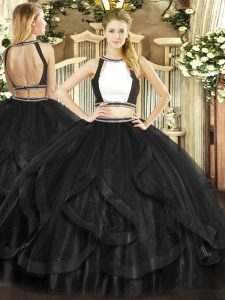 Simple Black Sleeveless Floor Length Ruffles Backless 15 Quinceanera Dress