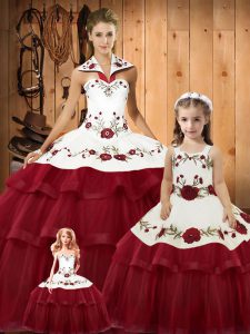 Deluxe Halter Top Sleeveless Quinceanera Gowns Brush Train Embroidery and Ruffled Layers Wine Red Satin and Organza