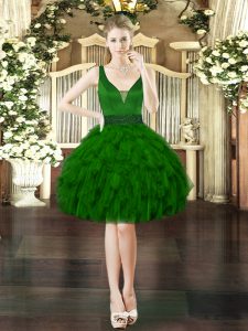 Graceful Dark Green V-neck Lace Up Beading and Ruffles Prom Dress Sleeveless