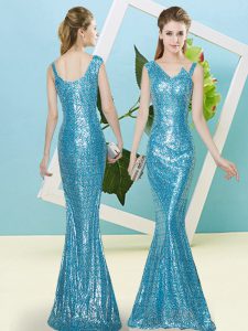Attractive Baby Blue Sequined Zipper Prom Dresses Sleeveless Floor Length Sequins