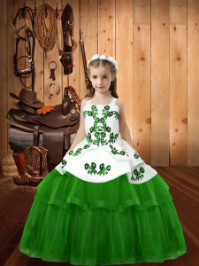Pretty Sleeveless Tulle Floor Length Lace Up Pageant Gowns For Girls in with Embroidery