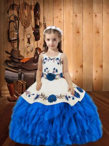 Blue Ball Gowns Straps Sleeveless Organza Lace Up Beading and Ruffles Child Pageant Dress
