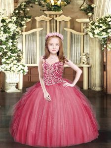 High Class Spaghetti Straps Sleeveless Tulle Little Girls Pageant Dress Wholesale Beading and Ruffles Lace Up