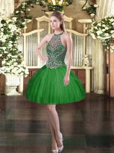 Cheap Dark Green Lace Up Halter Top Beading and Ruffles Prom Party Dress Tulle Sleeveless
