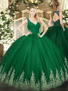 Customized Sleeveless Tulle Floor Length Backless Sweet 16 Dress in Dark Green with Beading and Lace and Appliques