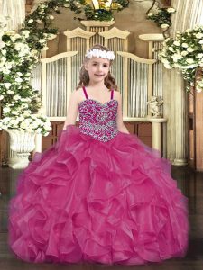 Stylish Fuchsia Straps Lace Up Beading and Ruffles Little Girls Pageant Gowns Sleeveless