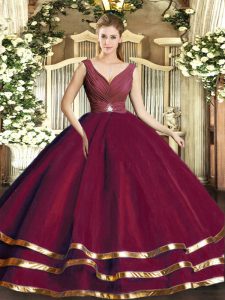 Graceful Burgundy A-line V-neck Sleeveless Tulle Floor Length Backless Beading and Ruffled Layers and Ruching 15th Birth