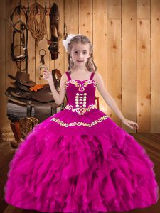 Amazing Sleeveless Organza Floor Length Lace Up Girls Pageant Dresses in Fuchsia with Embroidery and Ruffles