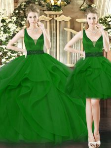 Pretty Green Ball Gowns Tulle Straps Sleeveless Beading and Ruffles Floor Length Lace Up Vestidos de Quinceanera
