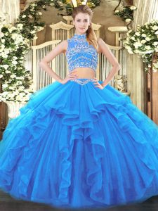 Adorable Baby Blue Two Pieces High-neck Sleeveless Tulle Floor Length Backless Beading and Ruffles Ball Gown Prom Dress