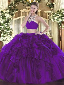 Fashionable High-neck Sleeveless Tulle 15th Birthday Dress Beading and Ruffles Backless