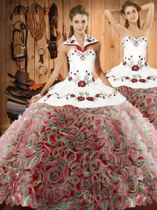 Halter Top Sleeveless Fabric With Rolling Flowers Quinceanera Gowns Embroidery Sweep Train Lace Up