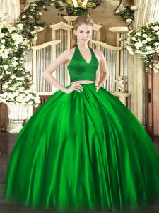 Sophisticated Sleeveless Satin Floor Length Zipper Quince Ball Gowns in Green with Ruching