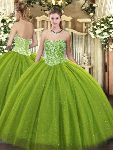 Simple Olive Green Tulle Lace Up Sweetheart Sleeveless Floor Length Quinceanera Dresses Beading