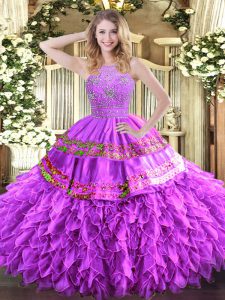Sophisticated Lilac Ball Gowns Beading and Ruffles and Sequins Sweet 16 Dress Zipper Tulle Sleeveless Floor Length