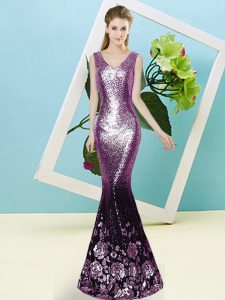 Purple Prom Dress Prom and Party with Sequins V-neck Sleeveless Zipper