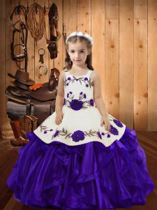 Attractive Purple Sleeveless Floor Length Embroidery and Ruffles Lace Up Winning Pageant Gowns