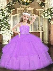 Luxurious Lavender Straps Zipper Beading and Lace Little Girl Pageant Dress Sleeveless