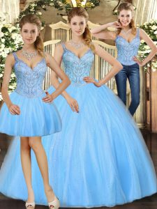 Custom Fit Baby Blue Sleeveless Tulle Lace Up Quinceanera Gowns for Military Ball and Sweet 16 and Quinceanera