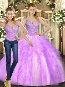 Floor Length Lilac Vestidos de Quinceanera Organza Sleeveless Beading and Ruffles