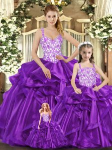 Glittering Floor Length Ball Gowns Sleeveless Purple Quince Ball Gowns Lace Up