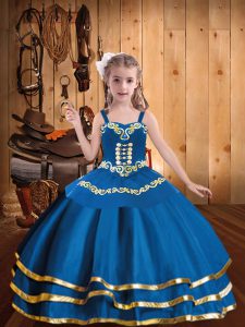 Glorious Blue Sleeveless Floor Length Embroidery and Ruffled Layers Lace Up Little Girl Pageant Dress